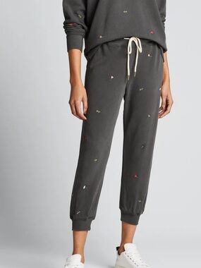 The GREAT Stadium Sweatpants, Grey Floral Embroidery - size 2/Medium